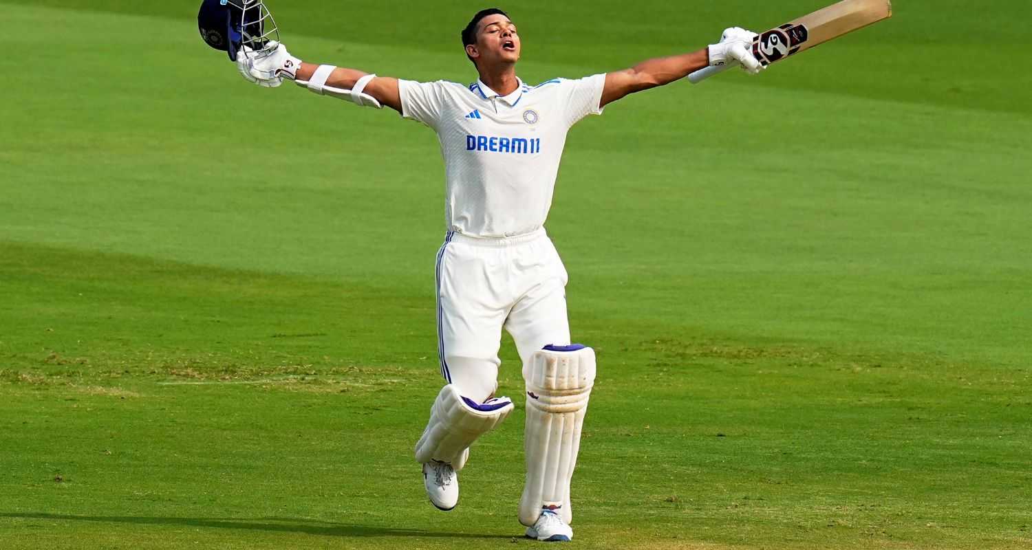 Yashasvi Jaiswal looks to the sky celebrating his double century in Visakhapatnam