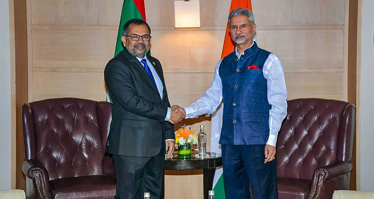 External Affairs Minister S Jaishankar with Maldives Foreign Minister Moosa Zameer at a meeting, in New Delhi on Thursday.