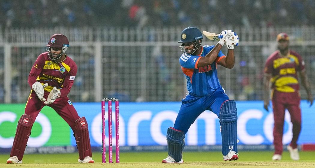 India's Sanju Samson plays a shot during an ICC Men's T20 World Cup 2026 cricket match between India and West Indies, at the Eden Gardens, in Kolkata, West Bengal on Sunday.
