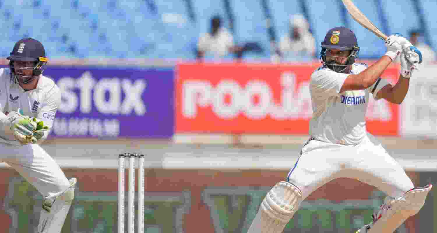 India's Rohit Sharma plays a shot during the 3rd day of the 3rd cricket test match between India and England, at Niranjan Shah Stadium, in Rajkot on Saturday.