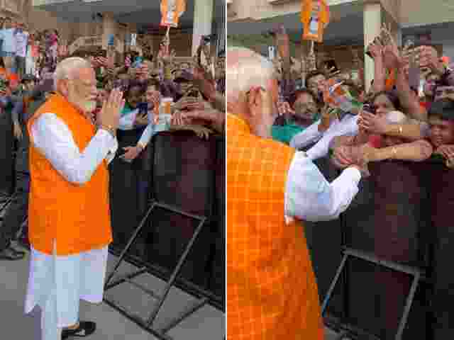 Elderly woman ties rakhi to PM Modi, Amit Shah presents saffron khes in Ahmedabad