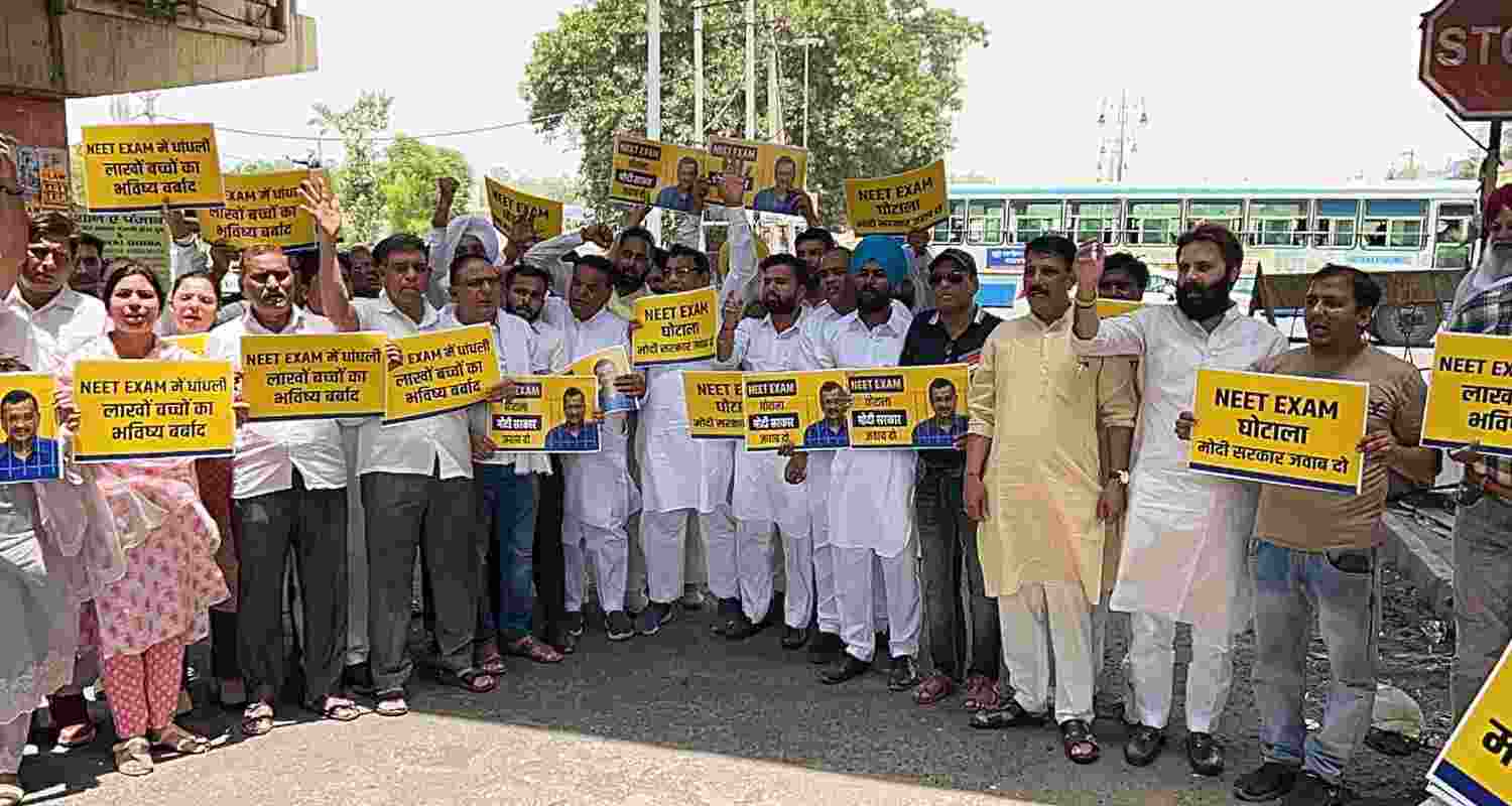 AAP conducted protests in several areas of Haryana on Wednesday over alleged irregularities in NEET exam. 