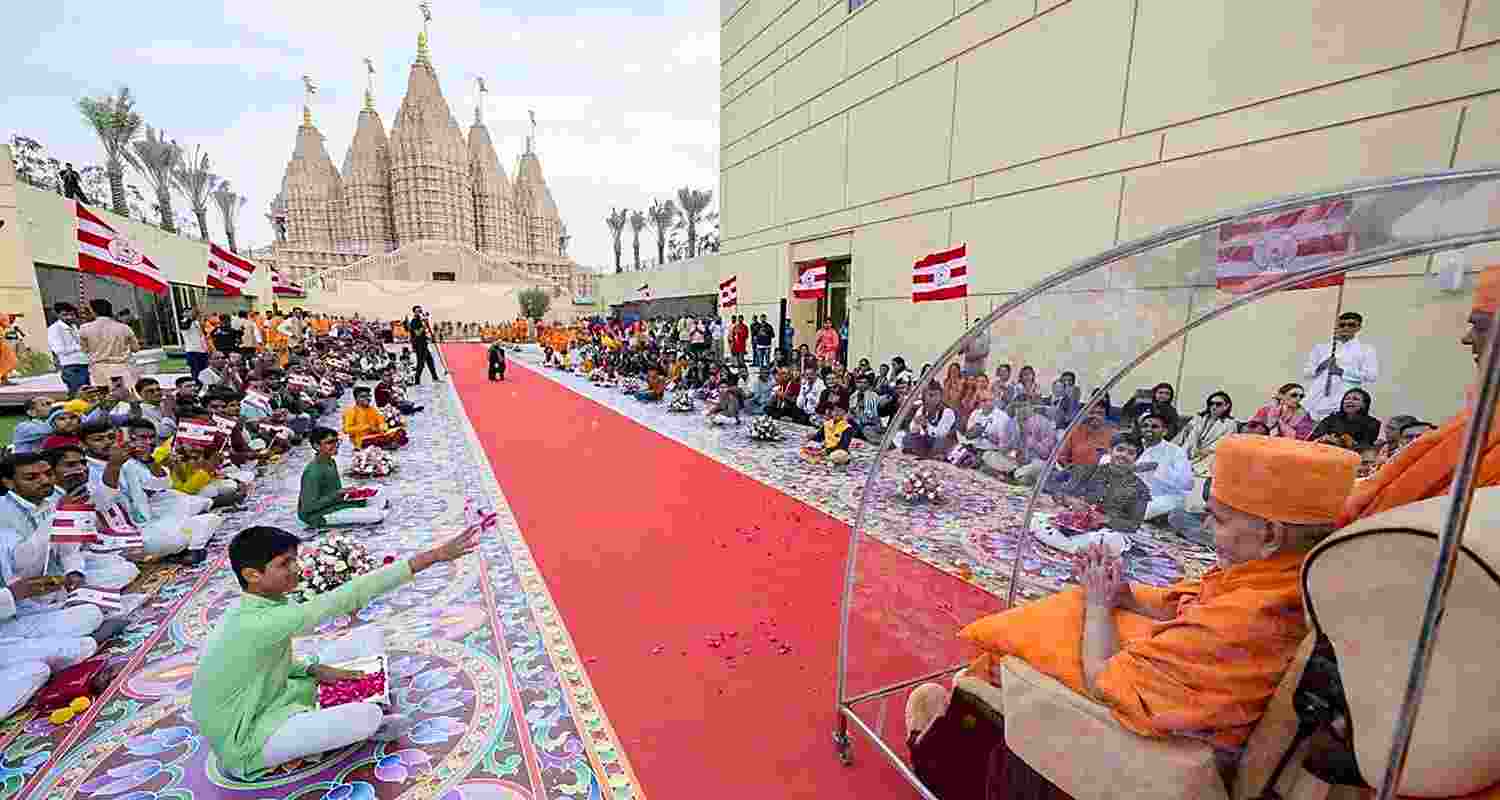 Mahant Swami Maharaj, the spiritual leader of BAPS, arrives at the BAPS Hindu Mandir, Abu Dhabi marking the beginning of the Festival of Harmony.