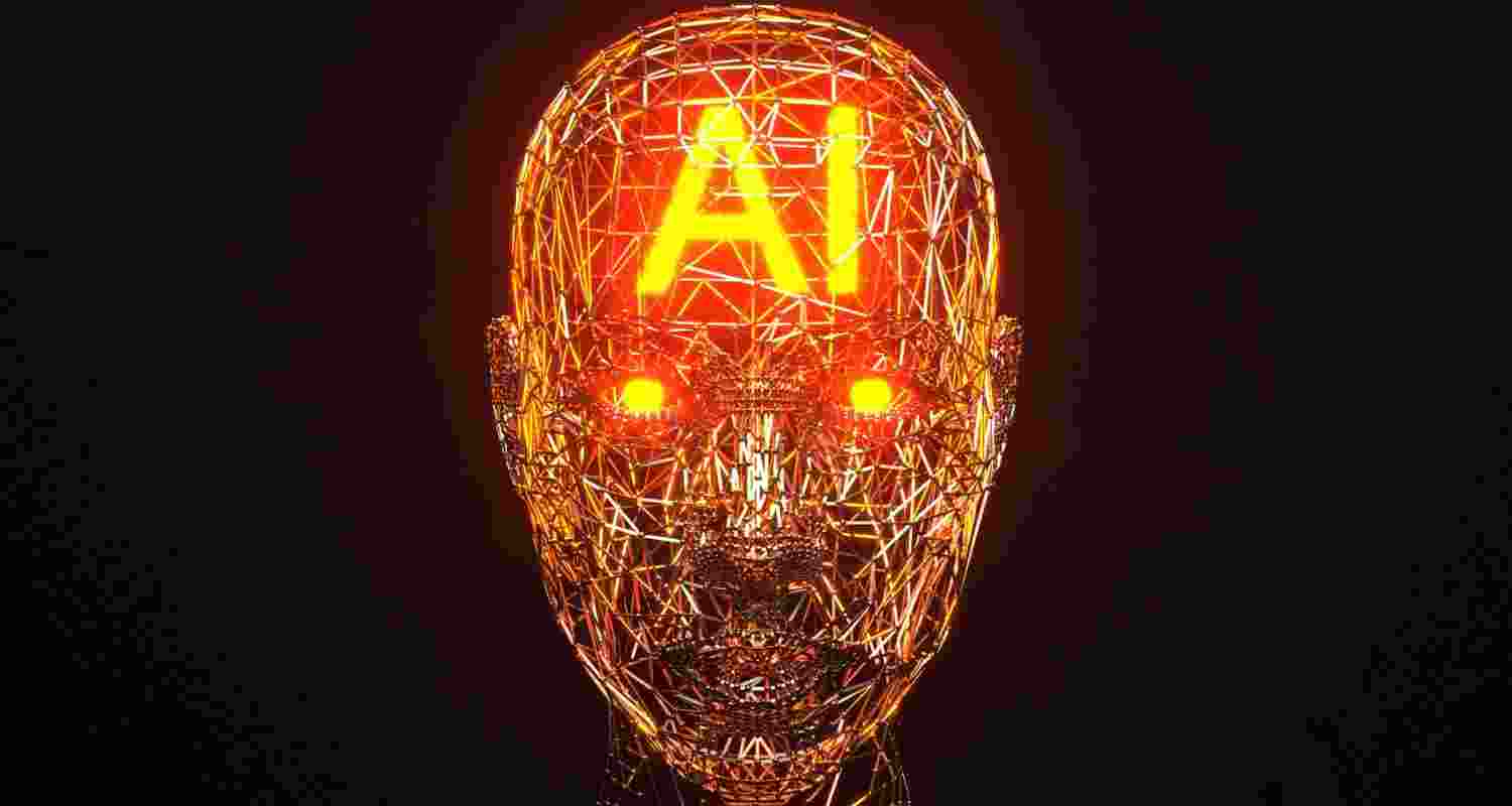 A Robot with the glowing text "AI"  inside of its skull