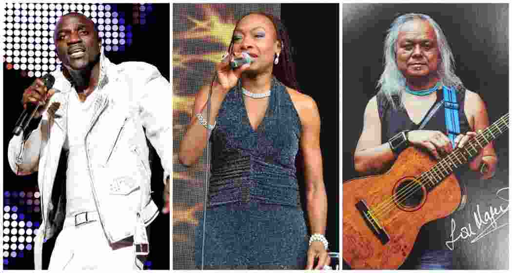 Senegalese-American singer and songwriter Akon (L), Pop singer Maizie Williams (C), popular singer from north-east India Lou Majaw (R0.