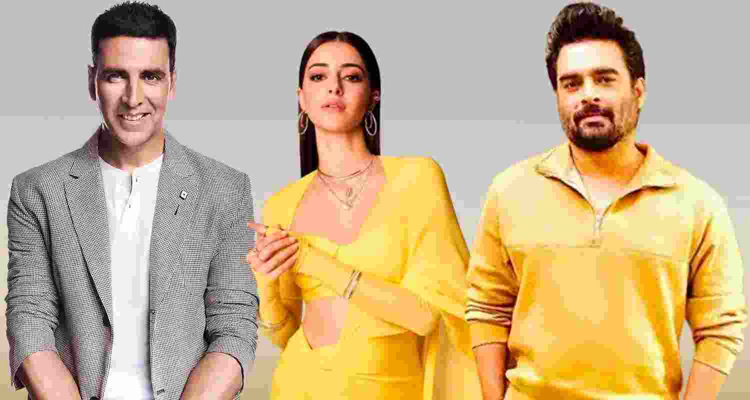 (L-R) Bollywood actors Akshay Kumar, Ananya Panday and R. Madhavan. File photo.