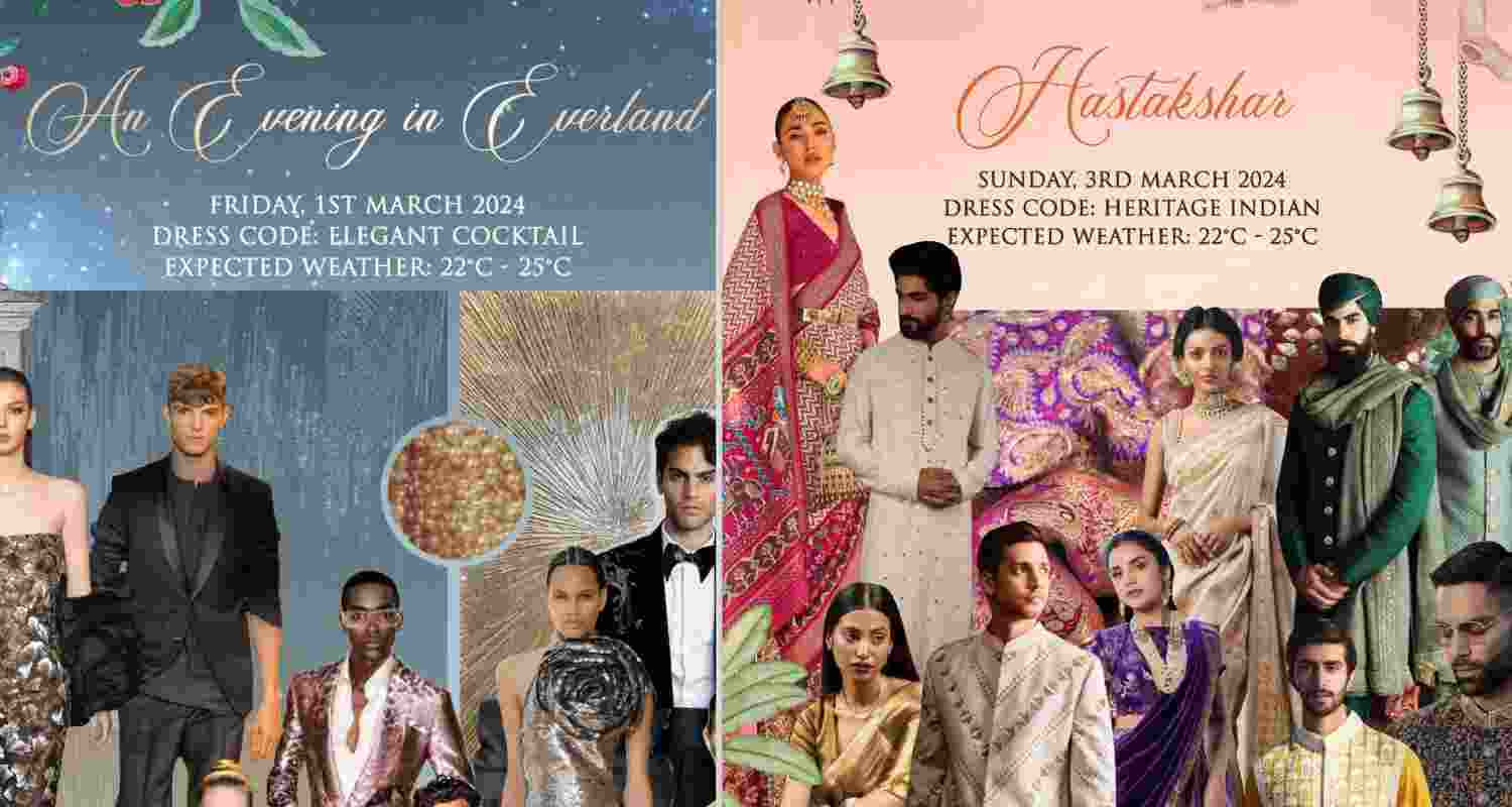 Images of two invitation cards for the Pre-wedding festivities before Anant Ambani and Radhika Merchant's wedding.
