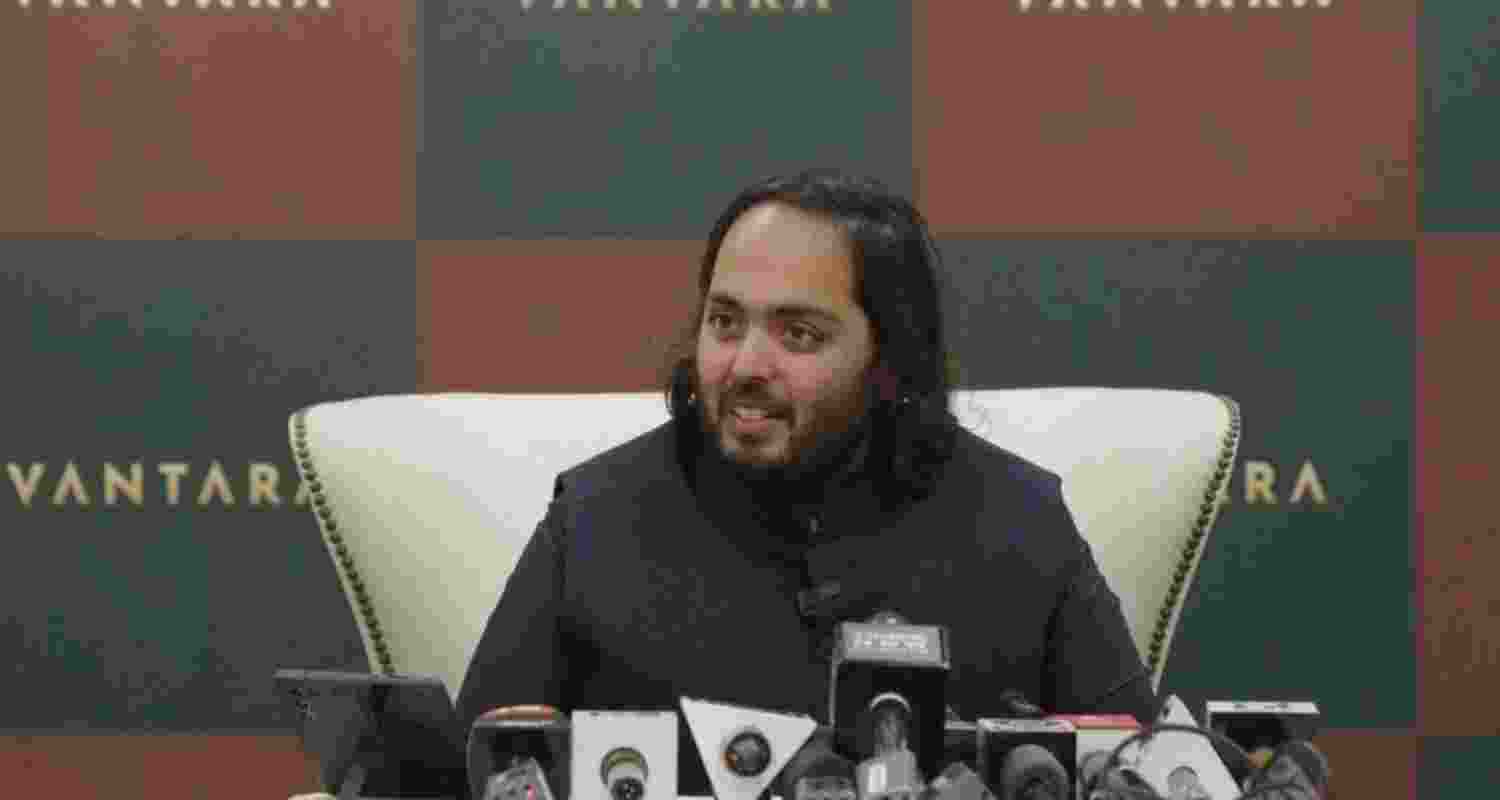 Mukesh Ambani's son Anant Ambani addressing a press conference announcing his project "Vantara"