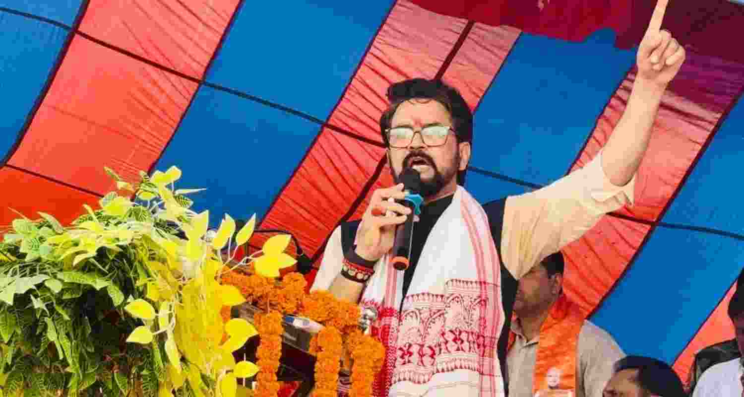 Former Union Minister and MP Anurag Singh Thakur addresses a public rally under 'Parivartan Yatra' in Palamu district of Jharkhand on Monday. 