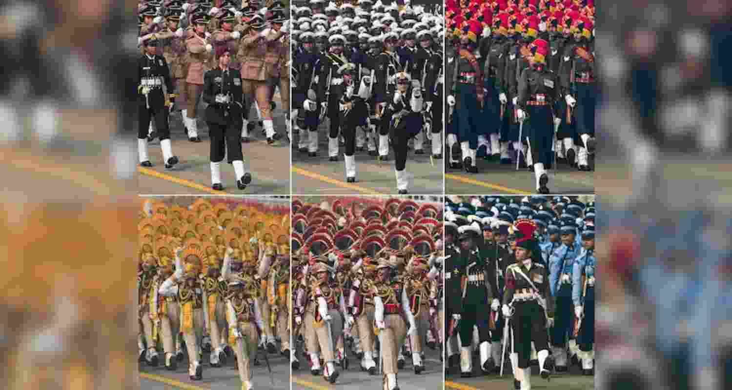 In this combo photo are seen women officers (L-R Top Row) of Armed Force Medical Services, Indian Coast Guard, Bombay Engineer Group, & (Bottom Row) CISF, Delhi Police And Tri-Service. 
