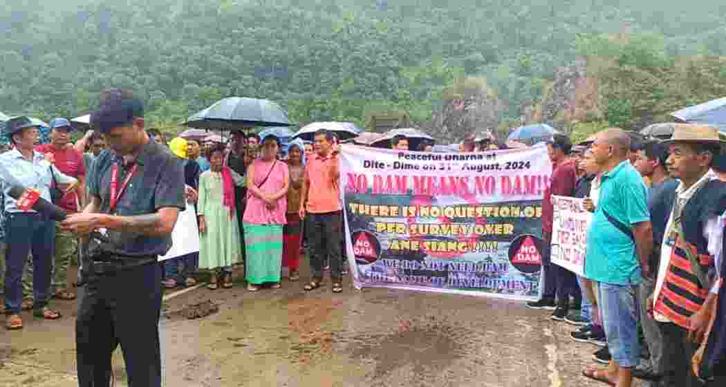 Anti-dam protesters rally in Dite Dime, Siang district, Arunachal Pradesh, expressing opposition to the Siang Upper Multipurpose Project (SUMP).