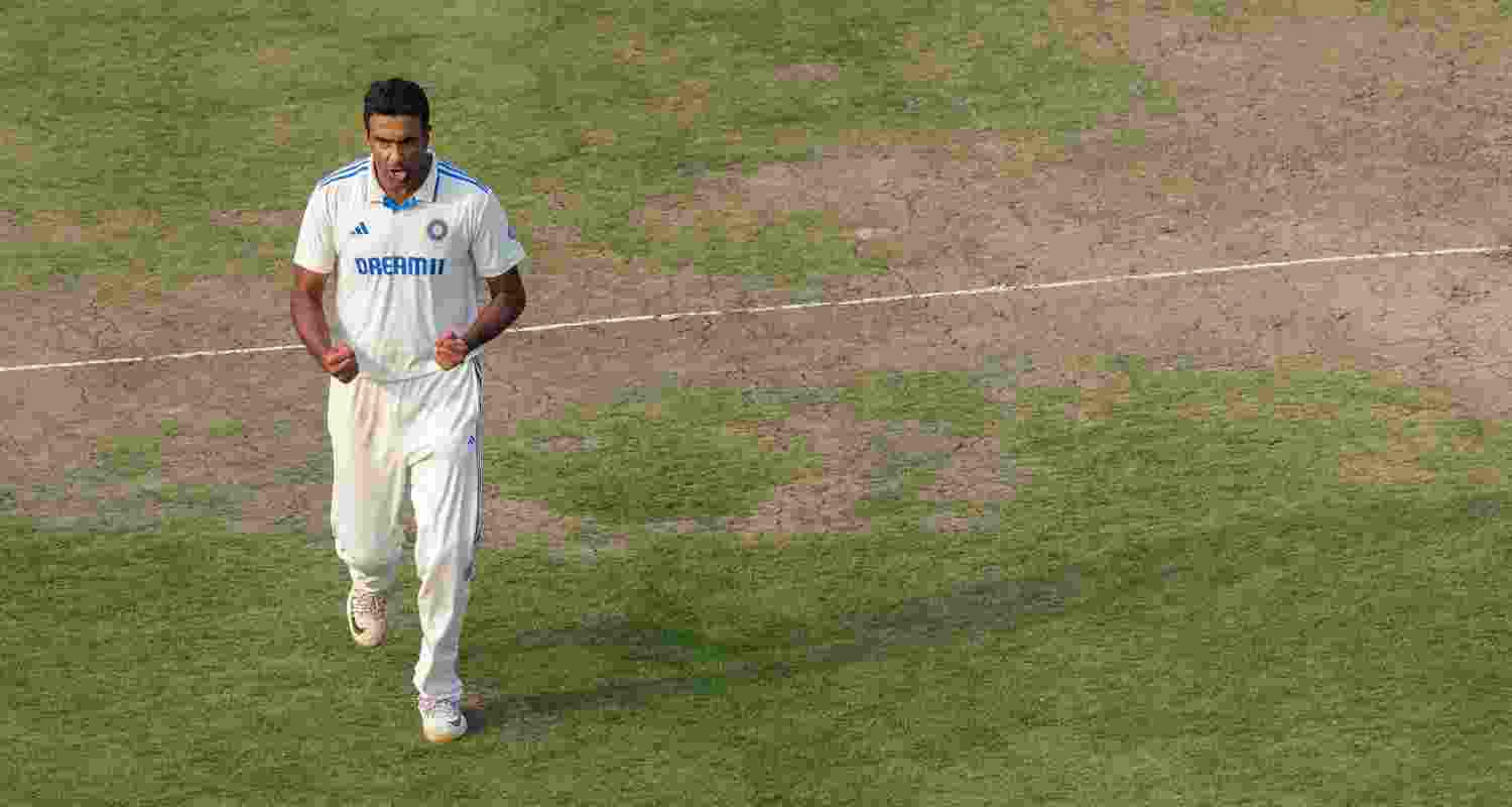 Indian Spinner Ravichandran Ashwin celebrates a wicket during a test match in Ranchi.