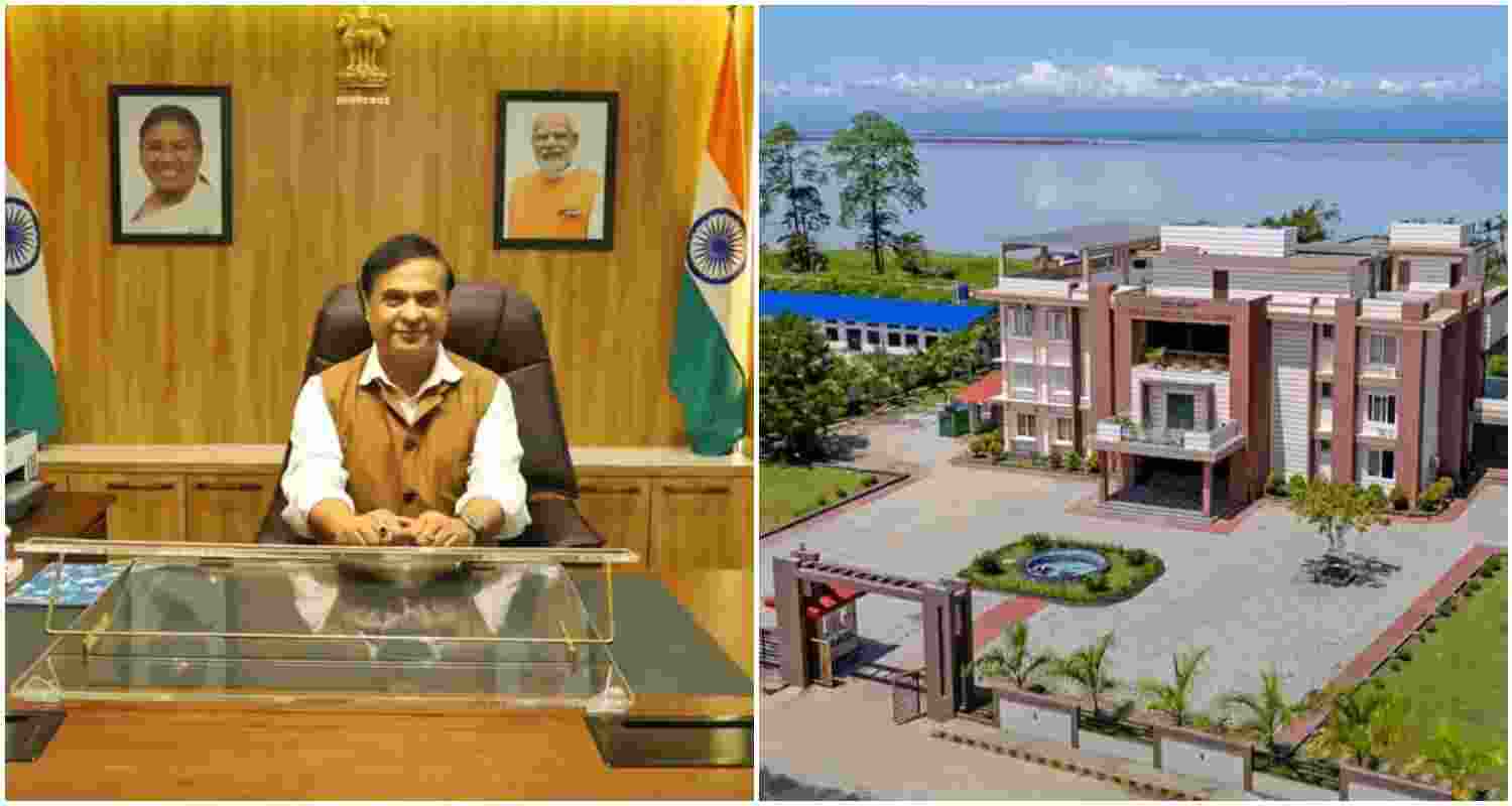 Assam Chief Minister Himanta Biswa Sarma (L), the newly built Chief Minister's secretariat in upper Assam's Dibrugarh (R).