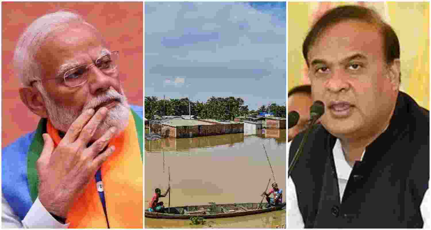 PM Modi (L) called Assam CM Sarma (R) to discuss Assam's severe flooding (C) and mitigation efforts as relentless rainfall submerges districts, impacting hundreds of thousands of residents.