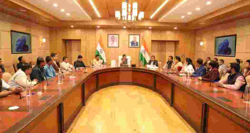 Assam Chief Minister Himanta Biswa Sarma confers with officials from various departments during a meeting in Guwahati.