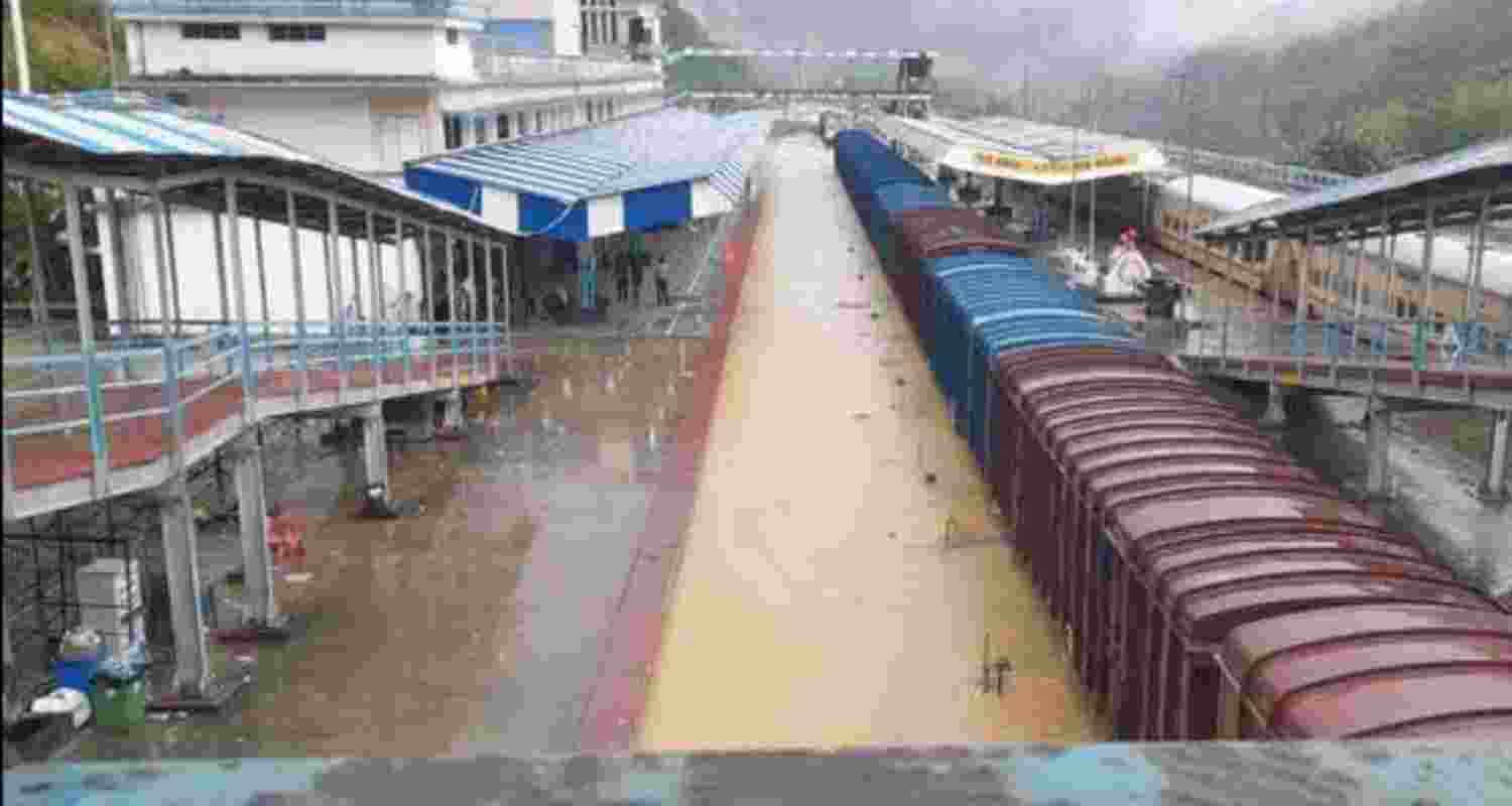 The scene at New Halflong train station in Assam’s Dima Hasao district on Tuesday. The railway tracks, which have been damaged by landslides, continued to remain submerged.