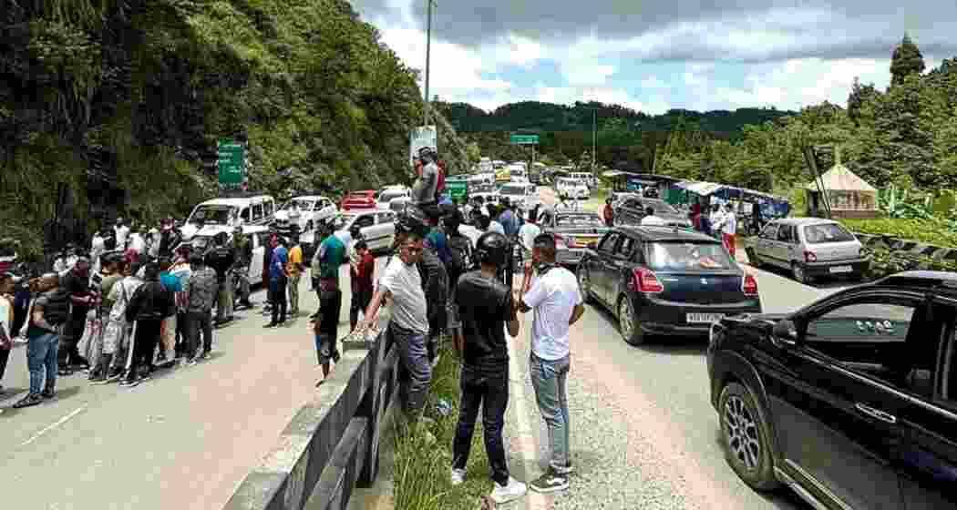 Assam tourist taxis are being held at Umtyngngar in the East Khasi Hills in Meghalaya during a drive carried out by Meghalayan drivers with their demand to restrict the movement of Assam tourist taxis within the state.