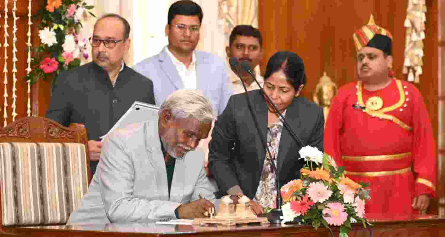 Champai Soren during his oath-taking ceremony in Ranchi on Friday in Raj Bhawan. 