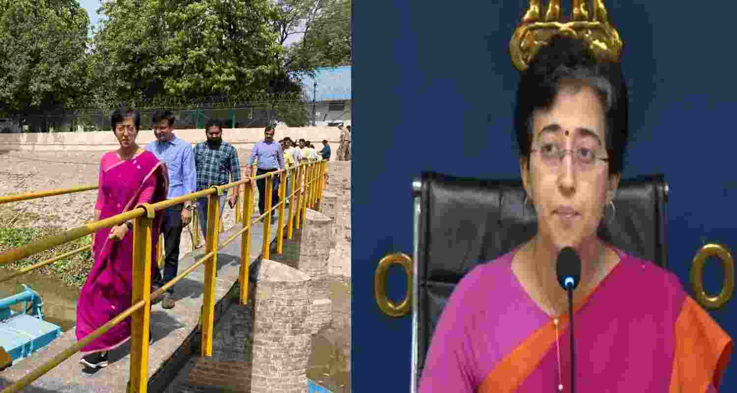 Delhi Water Minister Atishi inspects Wazirabad Yamuna Reservoir (left), during interview (right). 
