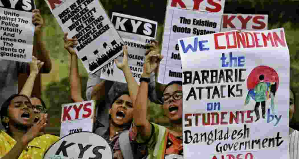 All India Democratic Students hold a protest in solidarity with Bangladeshi students’ quota demand.