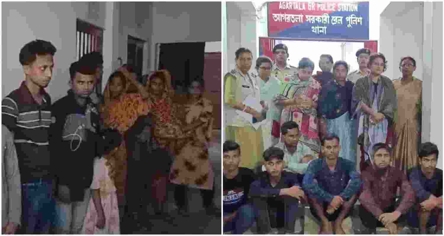 Eleven individuals, including children, apprehended at Agartala Railway Station on Monday (L). This follows a similar interception on Saturday involving 11 people attempting to board trains to various cities (R).