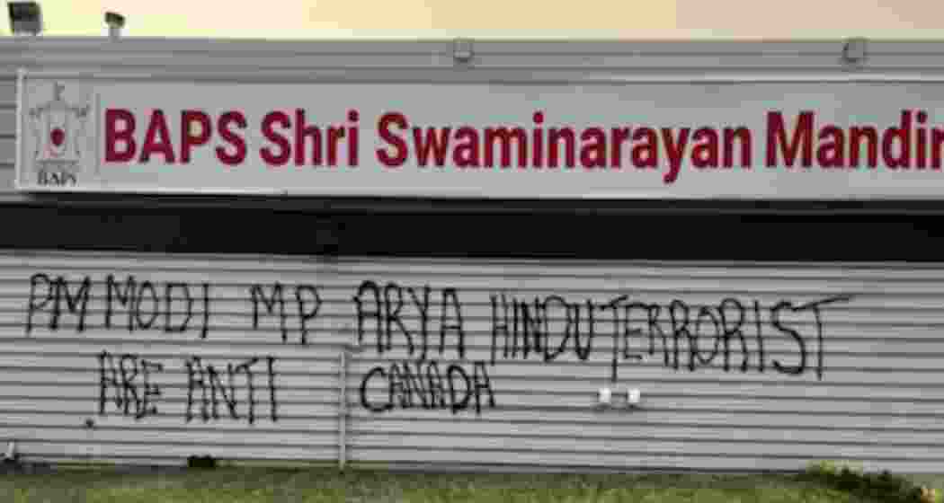 Visual of an anti-India graffiti defacing the BAPS temple in Canada.