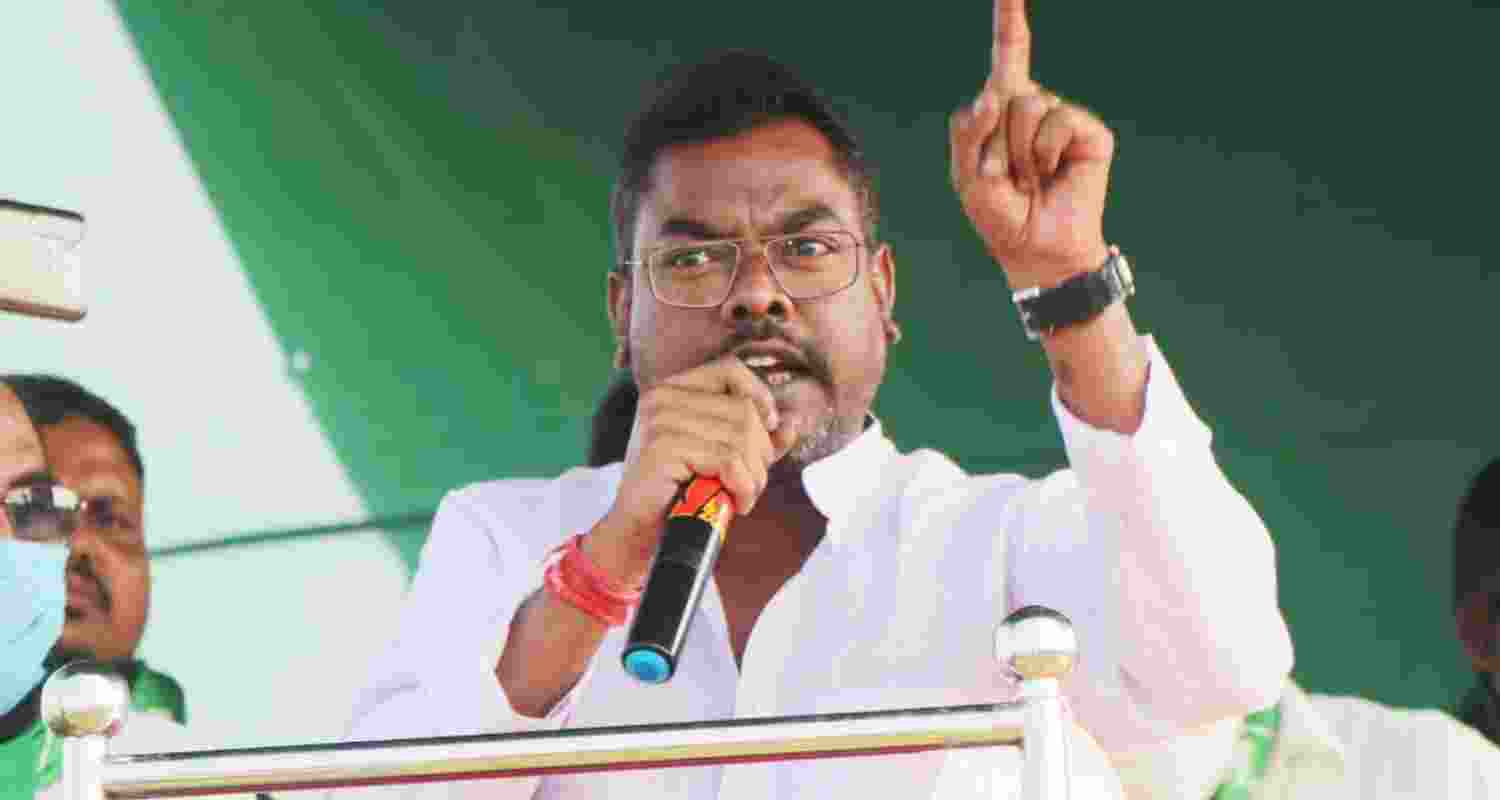 Jharkhand Minister Basant Soren addressing a public gathering in Ranchi.