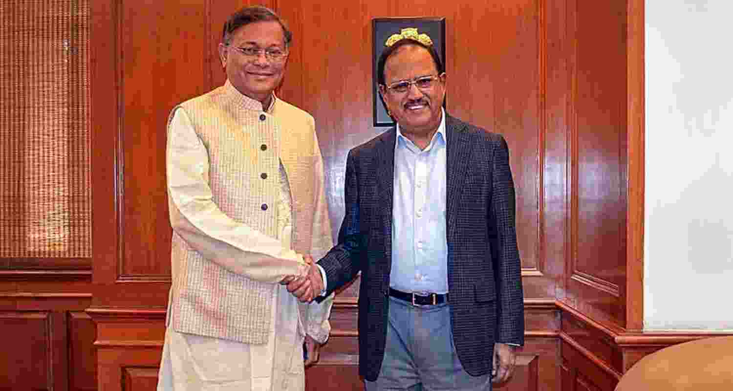 Bangladesh Foreign Minister Hasan Mahmud along with National Security Advisor Ajit Doval during a meeting in New Delhi on Wednesday.