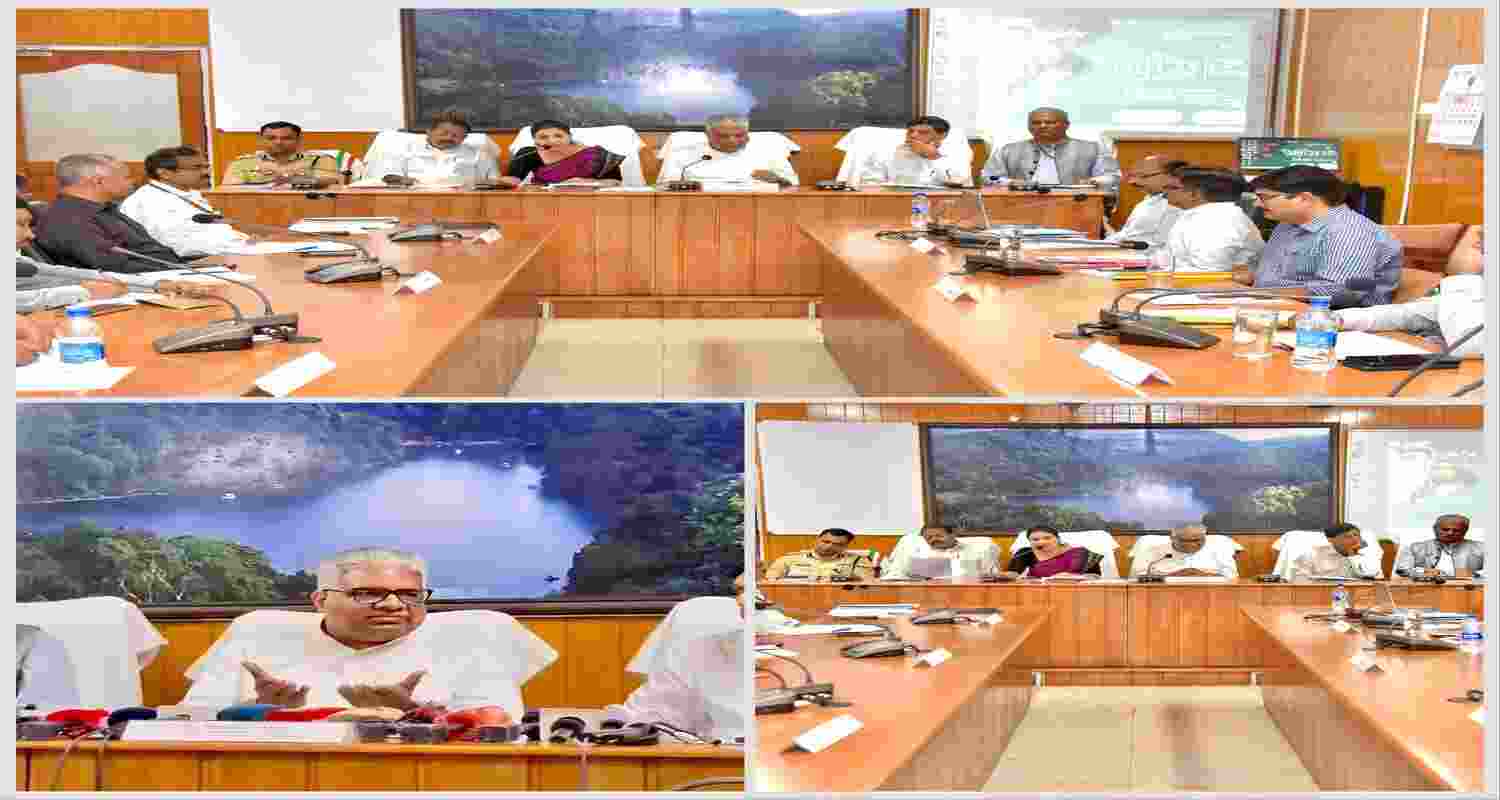 Union Min Bhupendra Yadav meeting at Wayanad District Collectorate, Kalpetta on Thursday. Image: X