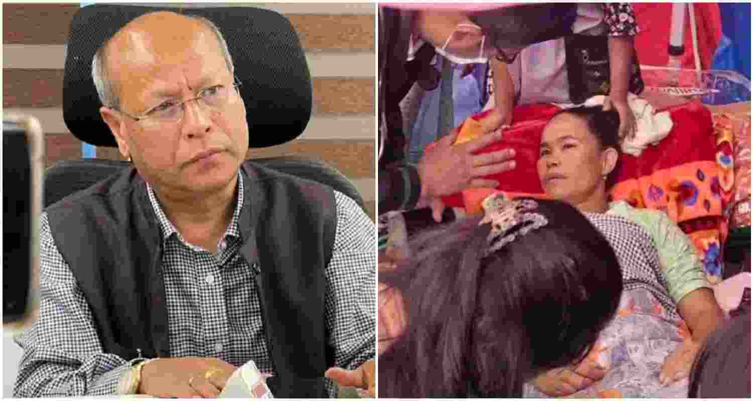 Meghalaya Deputy Chief Minister in-charge of PWD (Roads) Prestone Tynsong (L), Bindas Syiem entered the sixth day of her hunger strike on Tuesday in demand of the construction of the dilapidated Nongpoh-Umden to Sonapur road (R).