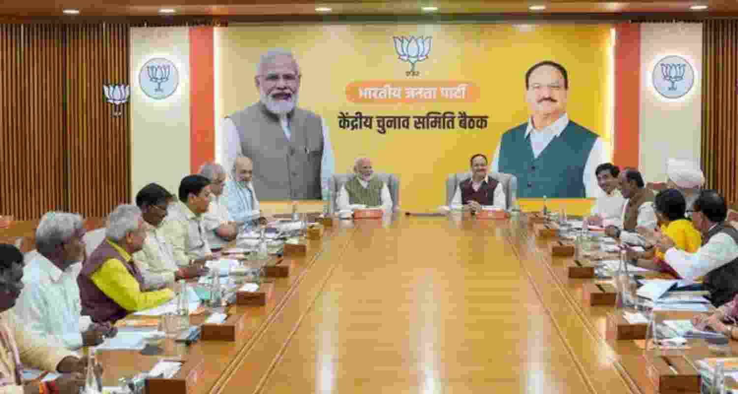 Minister Narendra Modi with Union Minister and BJP National President J.P. Nadda, Union Home Minister Amit Shah and other leaders during the BJP's Central Election Committee meeting at BJP headquarters, in New Delhi, Tuesday, Oct. 15, 2024.