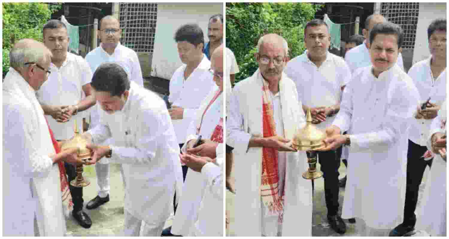 Bhupen Kumar Borah reconnects with his teacher Sri Thaneswar Kalita, during a heartfelt visit, celebrating Teachers' Day and expressing gratitude for his lasting impact.