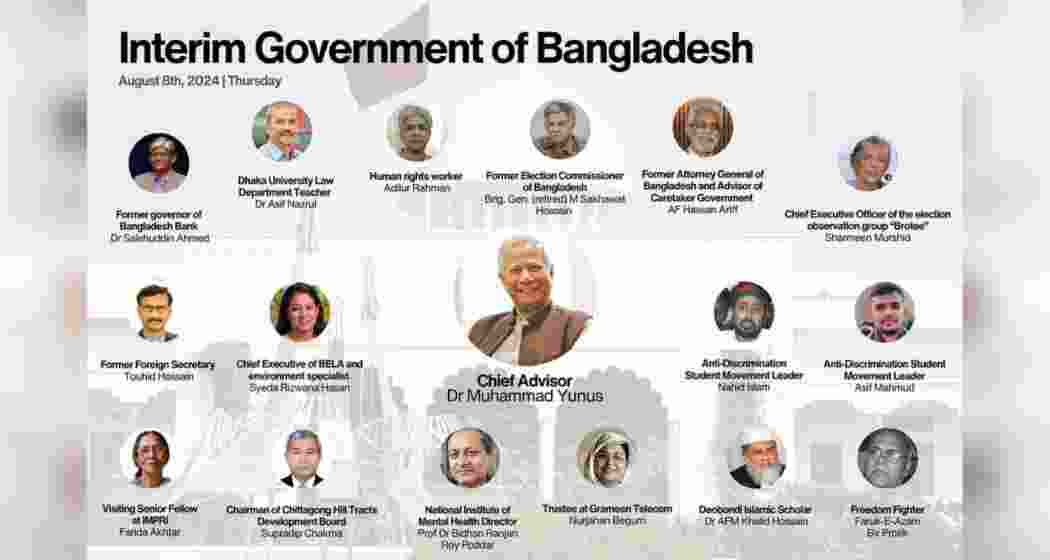 Muhammad Yunus, Nobel laureate and now chief adviser, leads Bangladesh's interim government, formed amidst political upheaval, with key figures from civil society and student movements.