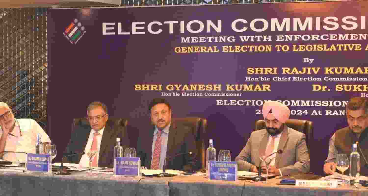 Chief Election Commissioner Rajeev Kumar along with Election Commissioners and senior officers during a review meeting in Ranchi on Monday.