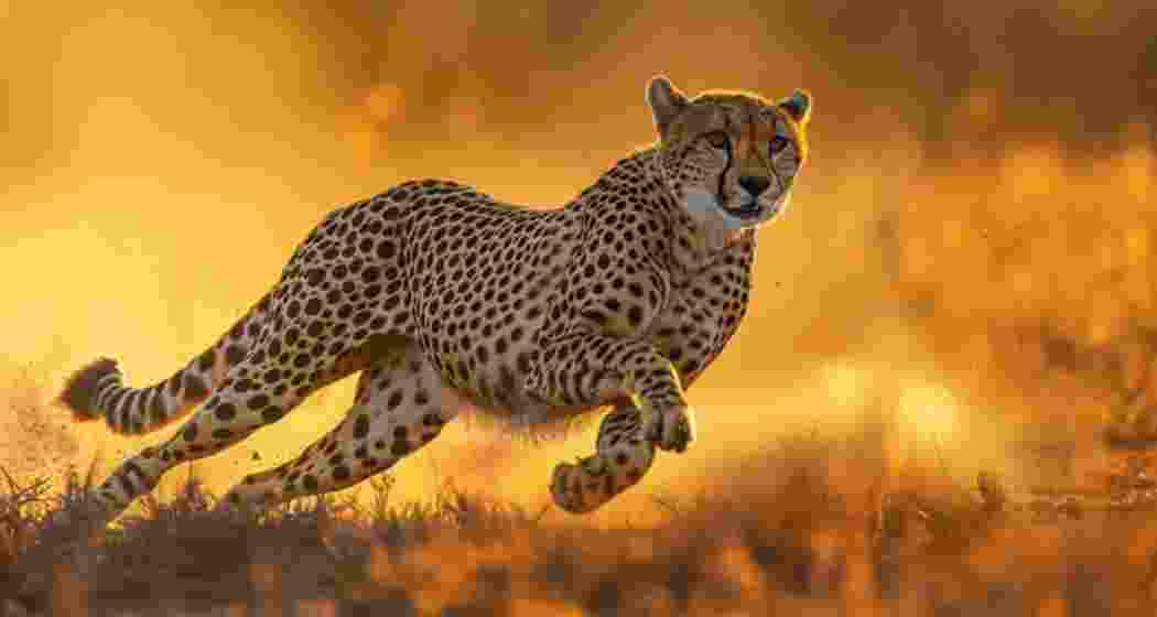 A cheetah makes a powerful leap, mid-chase, in pursuit of its prey.