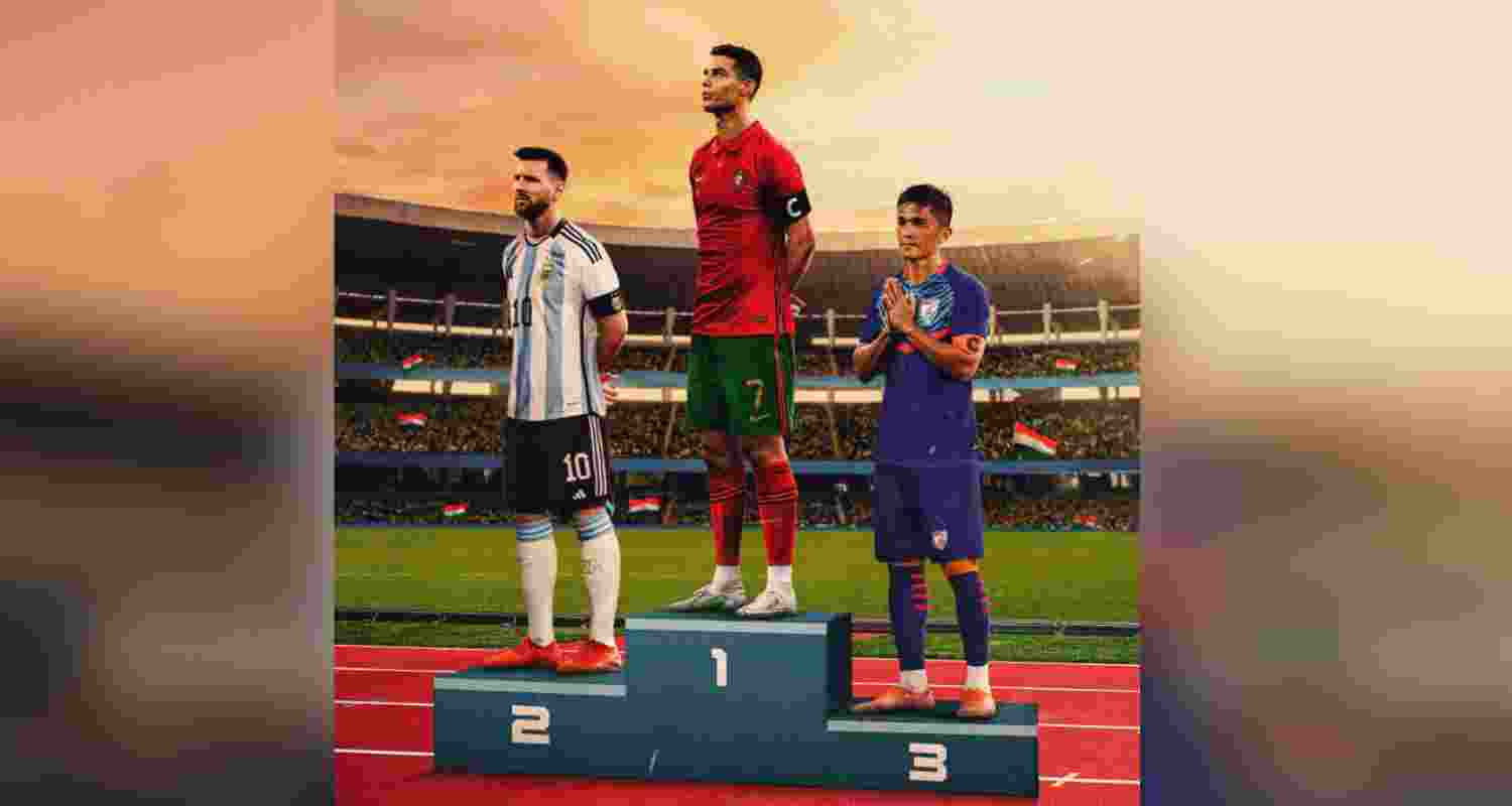 The image shared by FIFA featuring Chhetri standing alongside footballing icons Lionel Messi and Cristiano Ronaldo, highlighting their status as the top three active international goal scorers.
