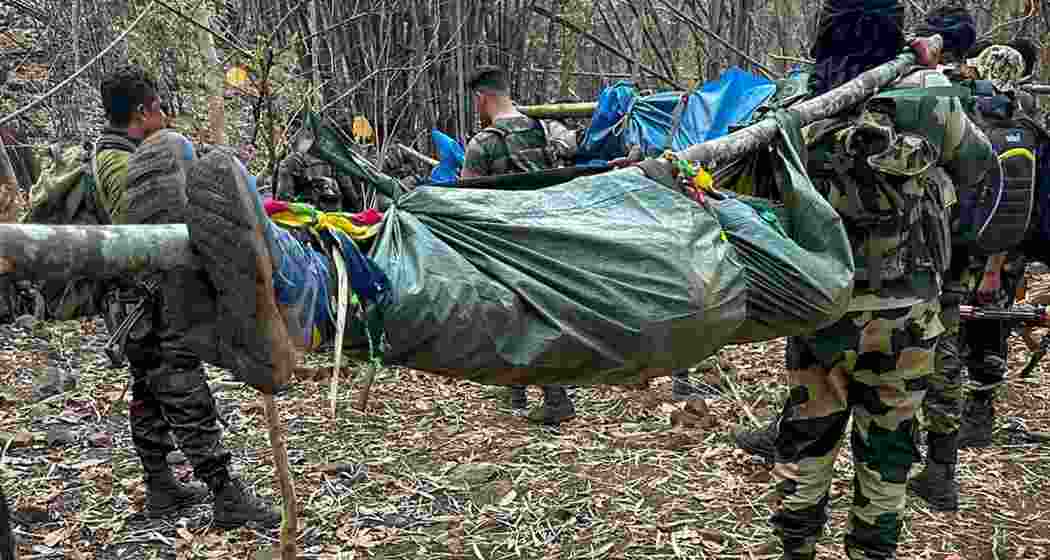 Security forces transport bodies of slain maoists from Tuesday's encounter in Chhattisgarh's Kanker district.