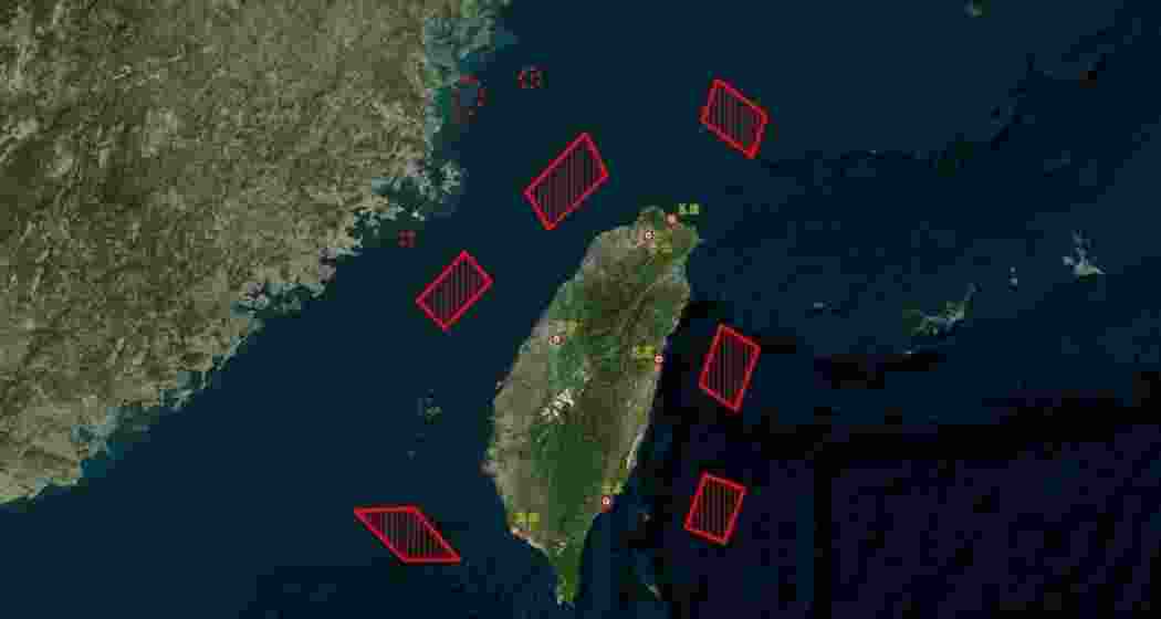 Satellite imagery reveals key regions where China is conducting large-scale war drills around Taiwan, showcasing military manoeuvres involving warships, fighter jets, and missile launchers amid escalating tensions in the region.