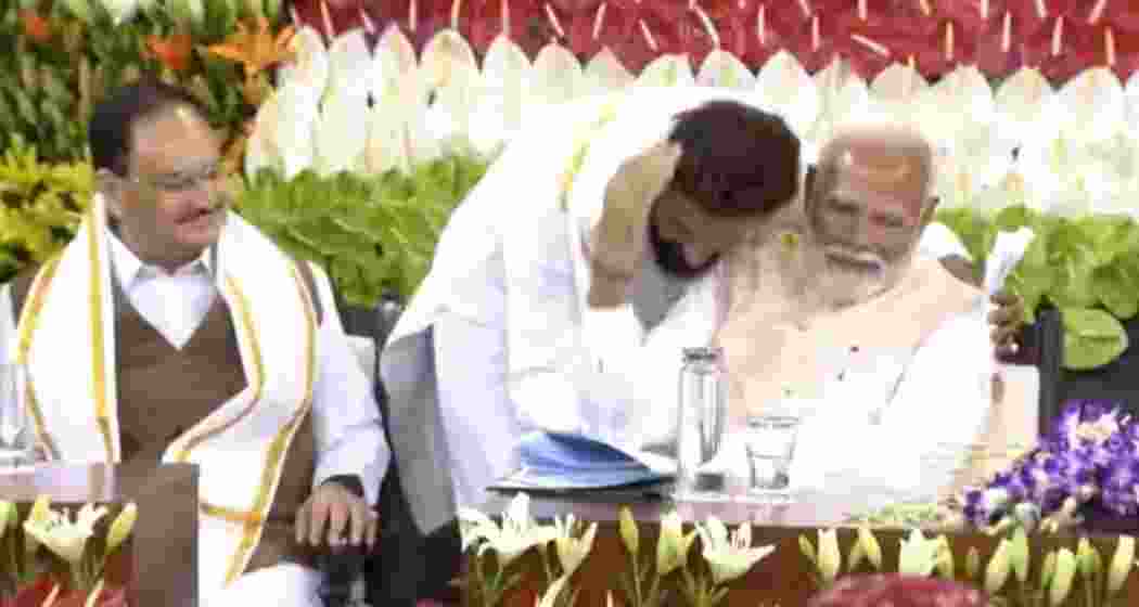 Chirag Paswan and PM Modi share a candid moment at the NDA Parliamentary Party Meeting on Friday.