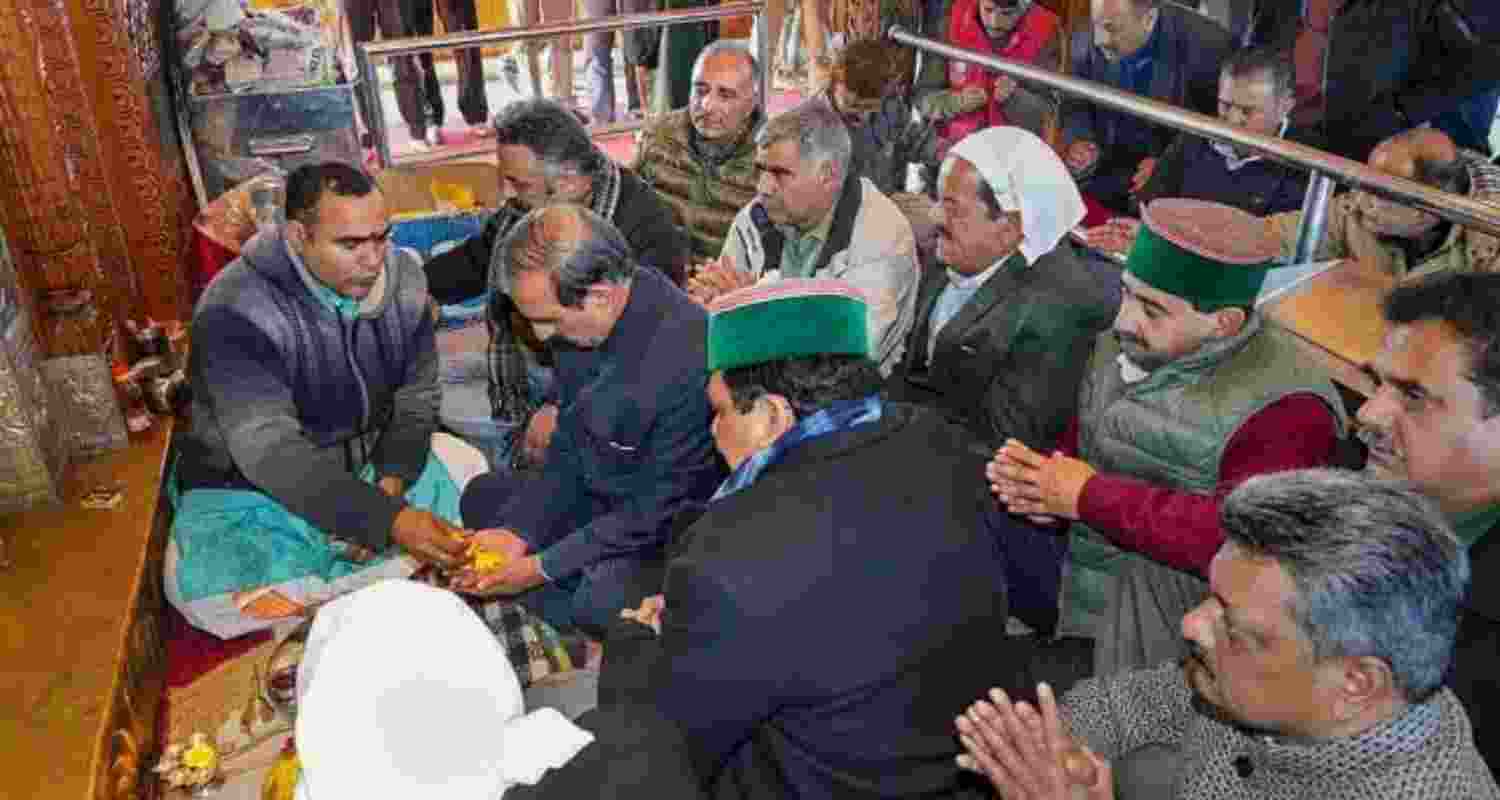 Himachal Pradesh Chief Minister Sukhvinder Singh Sukhu with Congress MLAs offers prayers at Tara Devi Temple, in Shimla on Wednesday.
