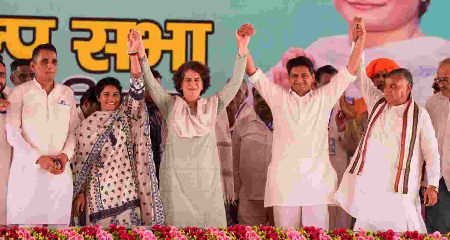 Congress leader Priyanka Gandhi Vadra with party candidate Vinesh Phogat, MP Deepender Hooda and others during the party's Haryana Vijay Sankalp Jansabha, in Julana , Haryana, Wednesday. 