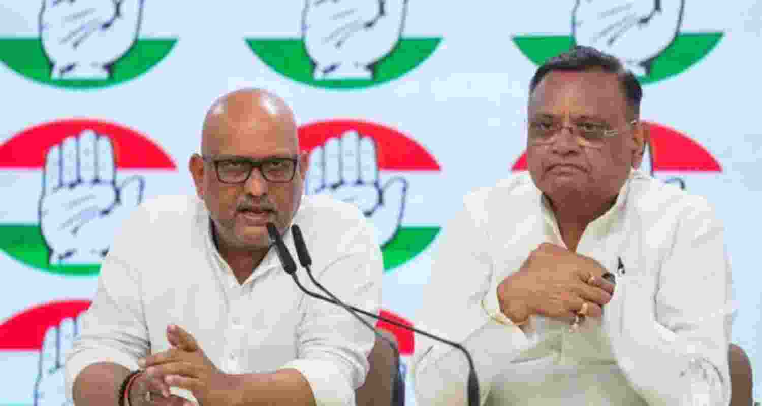 UP Congress president Ajay Rai and in-charge Avinash Pande address a press conference at party headquarters in New Delhi on Thursday.