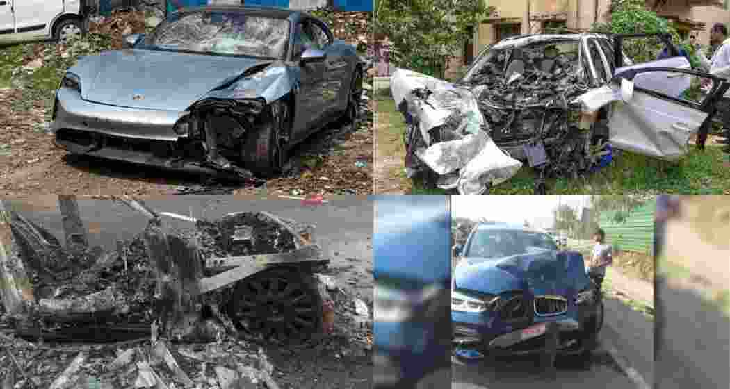 (From top clockwise: The crashes Audi Q3 driven by DMK MLA Y Prakash's son Karunasagar Prakash, an Audi after killing a 64-year-old man in Noida, a Rolls-Royce Phantom on the Delhi-Mumbai highway after colliding with an oil tanker leaving both vehicles to ashes, the crashed Pune Porsche after killing two youths).  