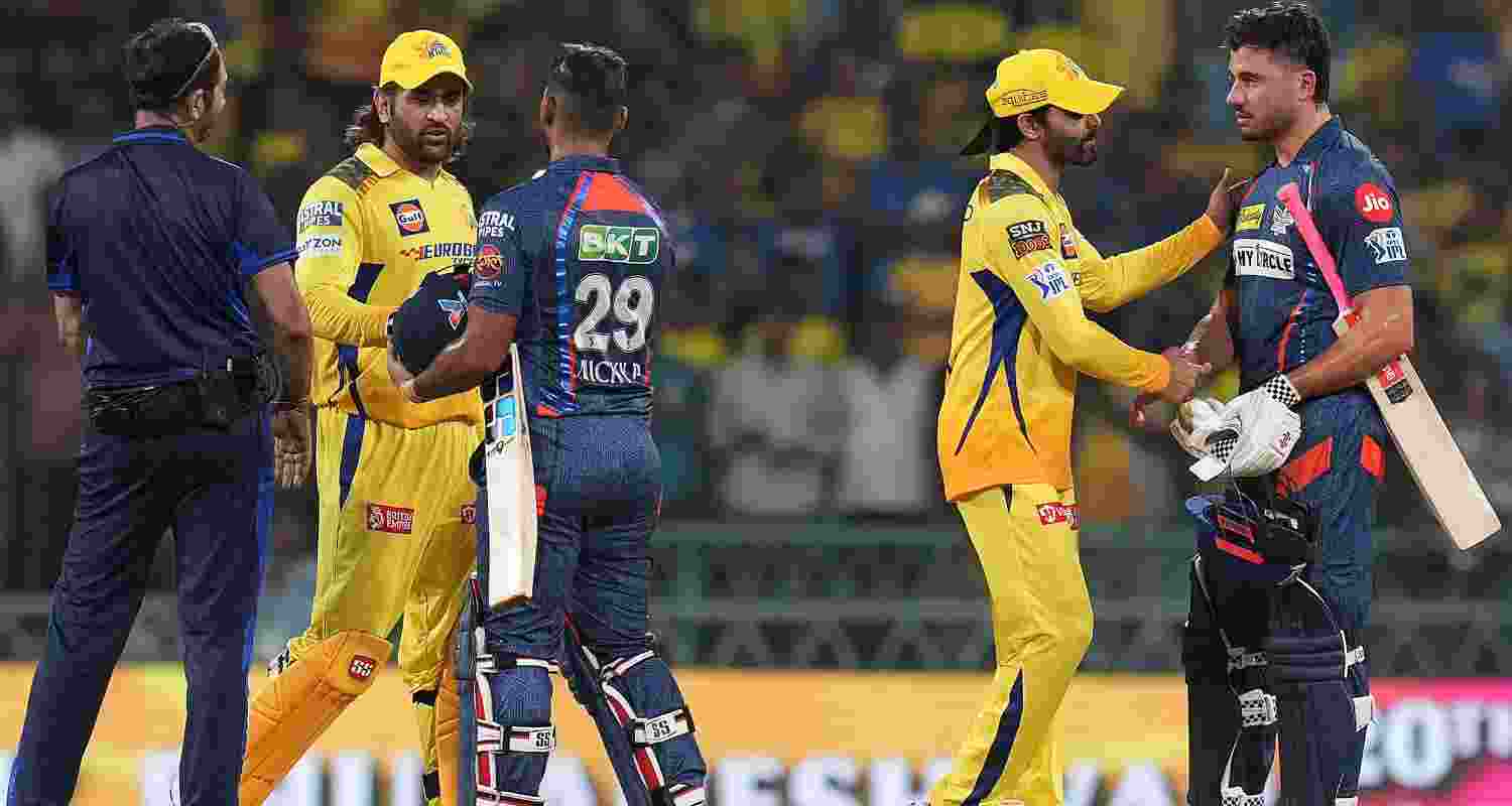 Lucknow Super Giants batters Nicholas Pooran and Marcus Stoinis being greeted by CSK's. 
