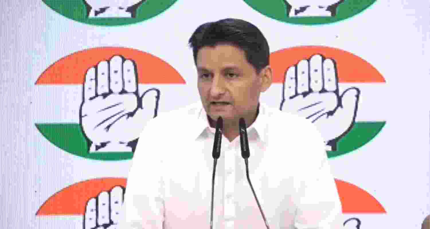 Congress leader Deepender Hooda addressing a press conference at AICC headquarters in New Delhi.