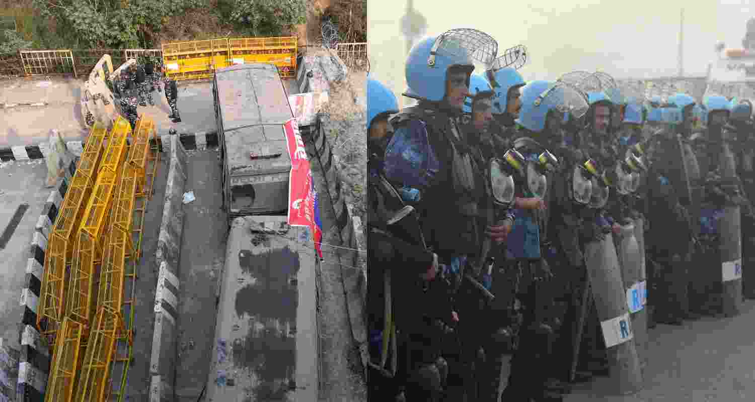 Multi-layered barricading installed at Ghazipur border (Left), Security personnel deployed at Singhu border in view of farmers' 'Delhi Chalo' march, in New Delhi (Right). 