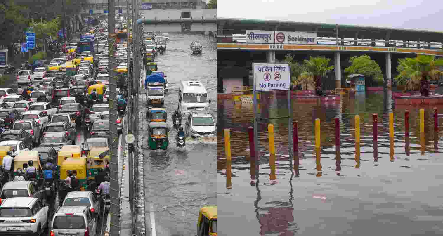 Vehicles stuck in a traffic jam at ITO amid waterlogging after rain (left), Waterlogging after rain at the Seelampur metro station premises, in New Delhi (right). 
