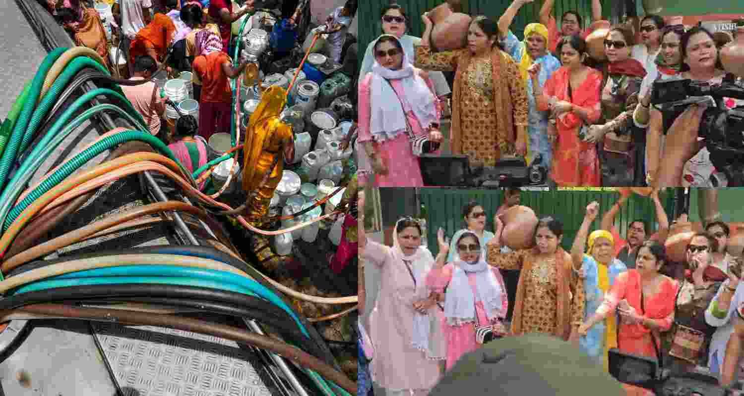 Delhi residents collect drinking water from a tanker amid ongoing water crisis (left), BJP Mahila Morcha protests outside Minister Atishi's residence (right). 