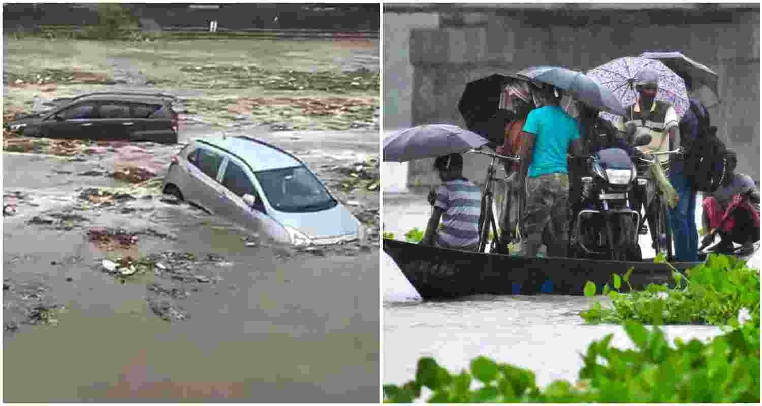 Vehicles washed away in the River Ganga after heavy rainfall, in Kotwali city area in Haridwar (L). The flood situation in Assam (R).