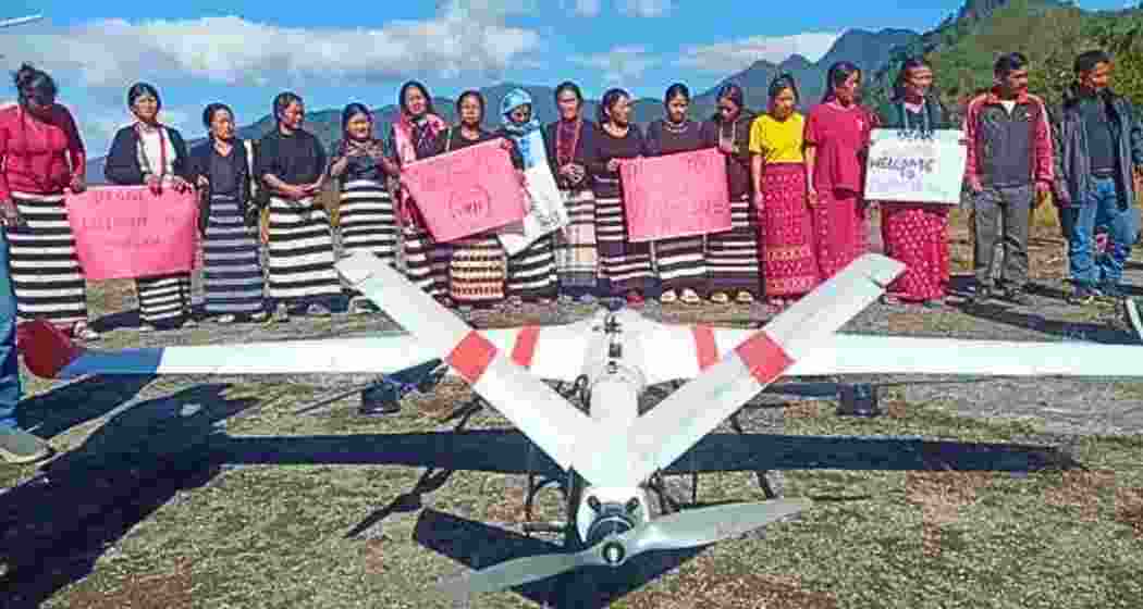 A photograph from 2022 displaying a Tech Eagle's drone, part of the Medicine from the Sky programme's second phase, ready to fly from Ziro Valley and lands in Chambang, Kra Daadi district. Demonstrating remarkable efficiency, the drone covered a 31 km aerial distance in only 21 minutes, compared to the 8-hour road journey, revolutionising medical deliveries in the state.